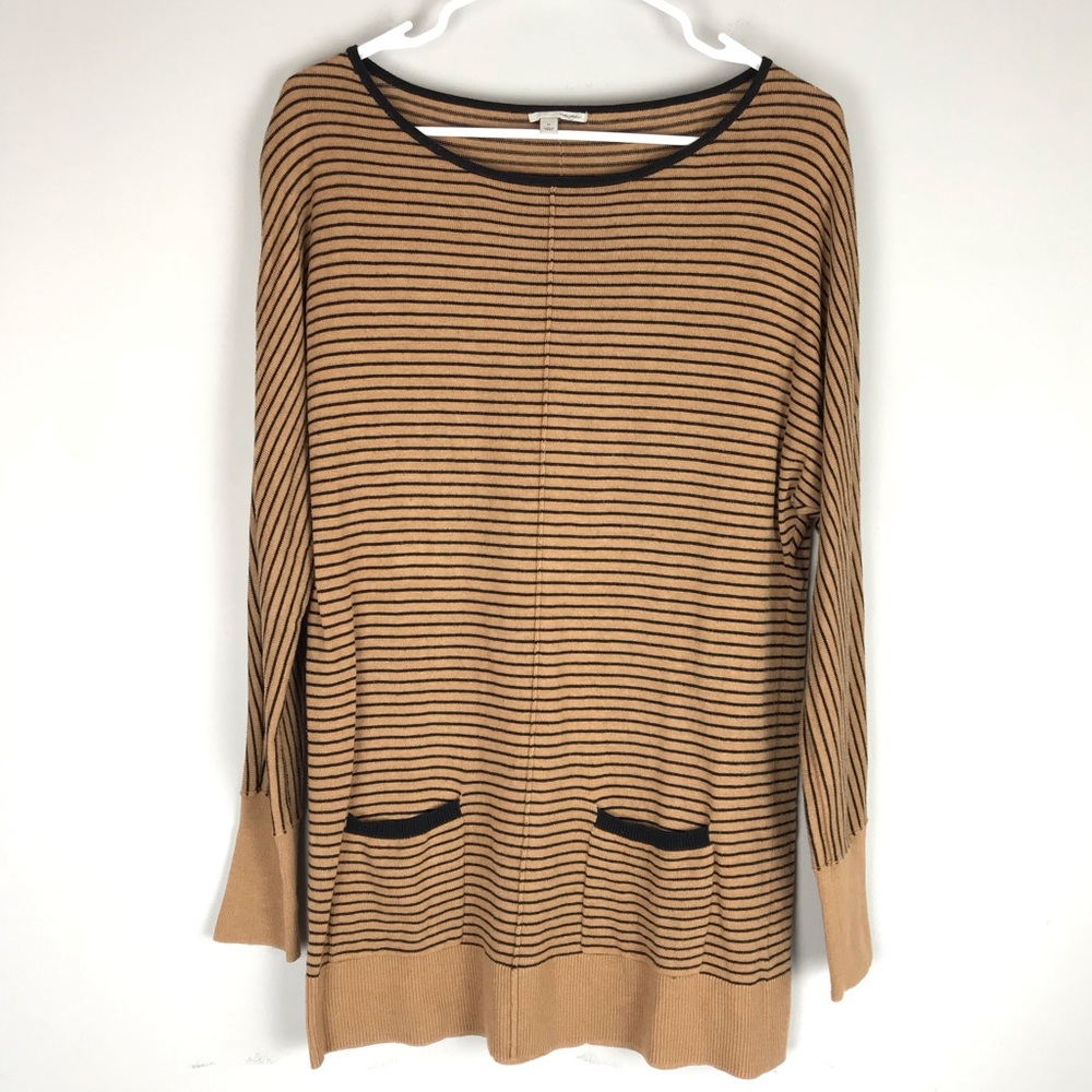 Halogen Stripe Pocket Sweater Tunic Long Sleeve Tan Black Boatneck Pullover Sz M